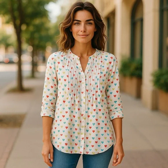 NWT Jane and Delancey Multicolor Heart Print Button Down Shirt Valentine’s Day - Picture 3 of 14